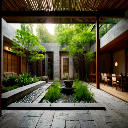 Interior of a modern villa with terrace and garden.の写真素材