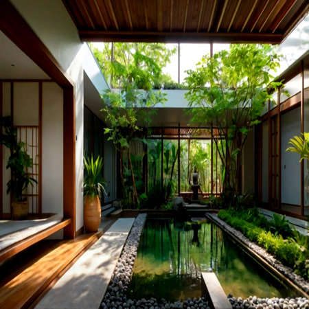 Interior of a modern villa with swimming pool and green plantsの写真素材