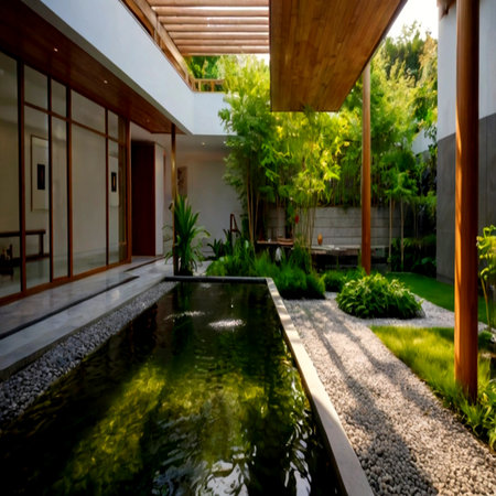 Interior of a modern villa with swimming pool. Nobody insideの写真素材