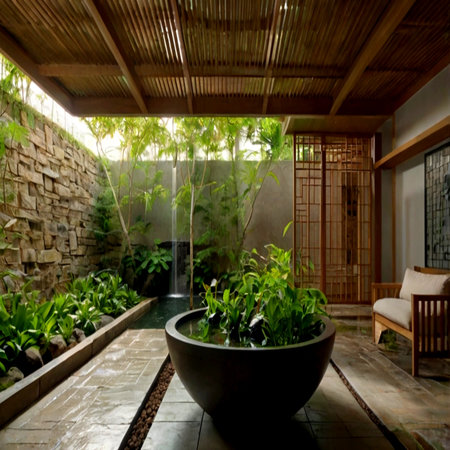 Interior of a modern tropical villa with green plants in a potの写真素材