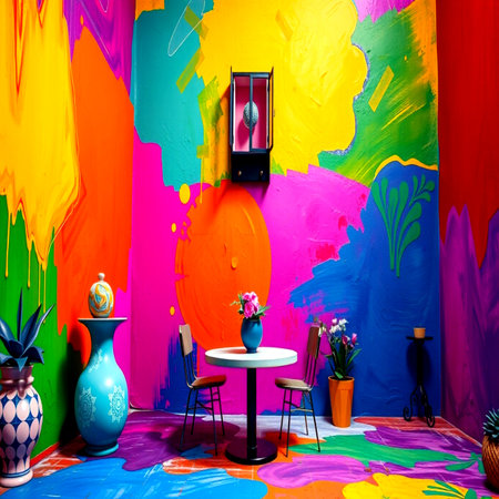 Interior of a modern cafe with bright colorful walls and concrete floorの写真素材