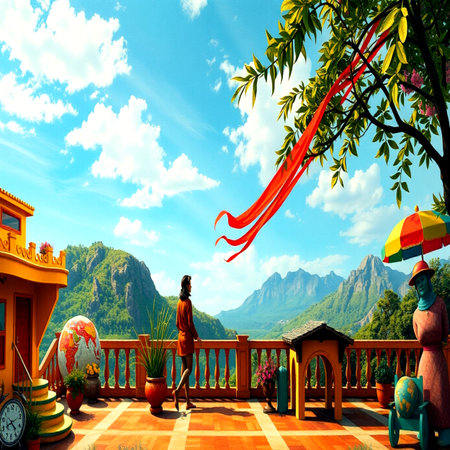 Beautiful Asian woman with umbrella standing on terrace with mountain viewの写真素材