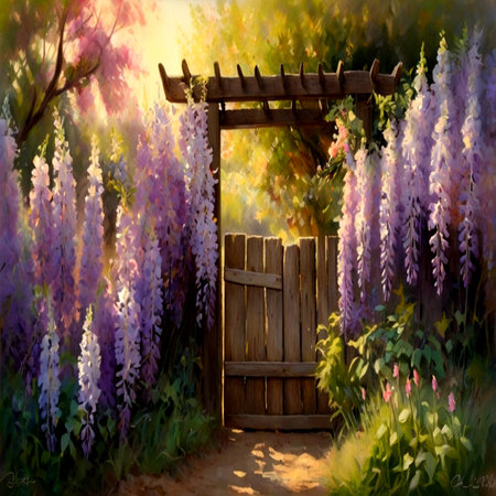Landscape with wisteria flowers and a wooden gate at sunsetの写真素材