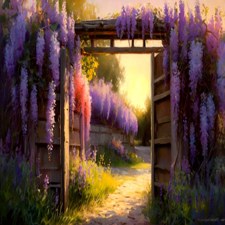 Wisteria blooming in the garden at sunset. Landscape paintingの写真素材