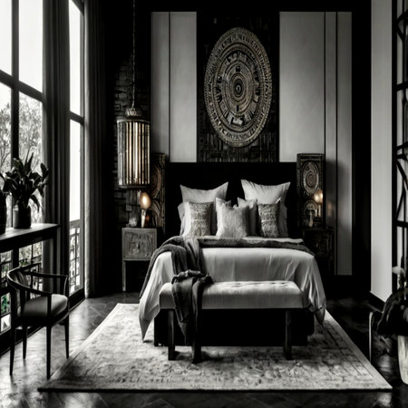 Luxury bedroom interior design in black and white. 3D renderingの写真素材