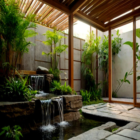Tropical garden with a waterfall and plants in the garden.の写真素材