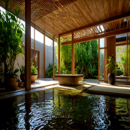 Interior of modern villa with swimming pool and tropical plants.の写真素材