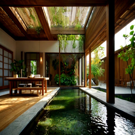 Interior of a Japanese villa with swimming pool and wooden ceilingの写真素材