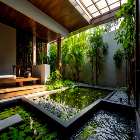Interior of a beautiful villa with swimming pool and green gardenの写真素材