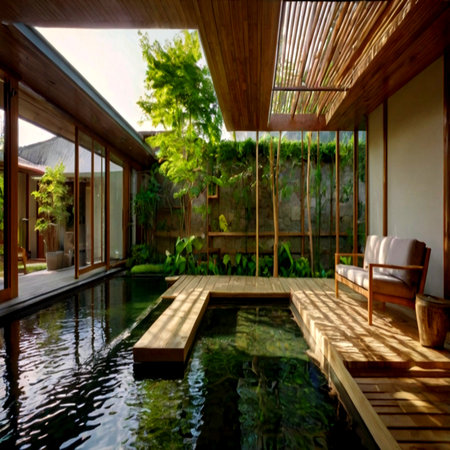 Swimming pool in a tropical villa with wooden floor and swimming poolの写真素材