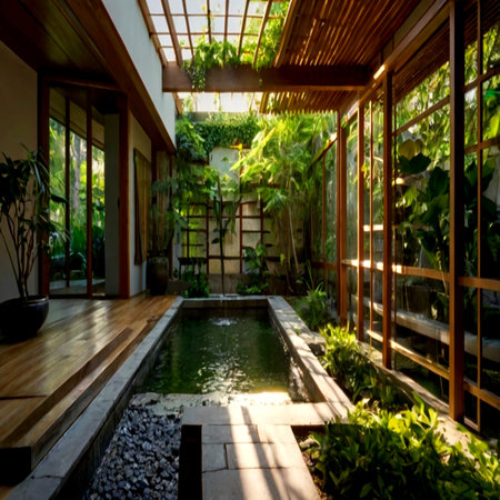 Interior of a beautiful garden with a swimming pool and green treesの写真素材
