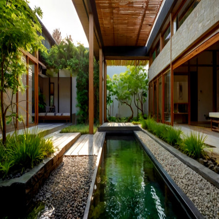 Modern villa with swimming pool in the garden. Nobody inside.の写真素材
