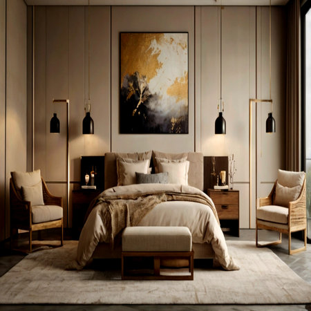 Luxury bedroom interior design with beige walls, wooden floor, beige king size bed and armchairs. 3d renderの写真素材