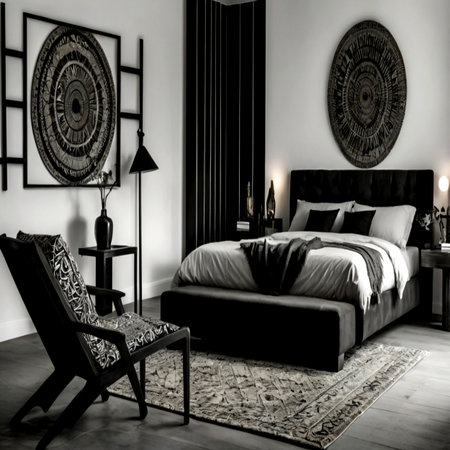 Luxury bedroom interior in black and white. 3d renderの写真素材