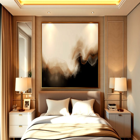 3d render interior of a bedroom with a large bed and a posterの写真素材