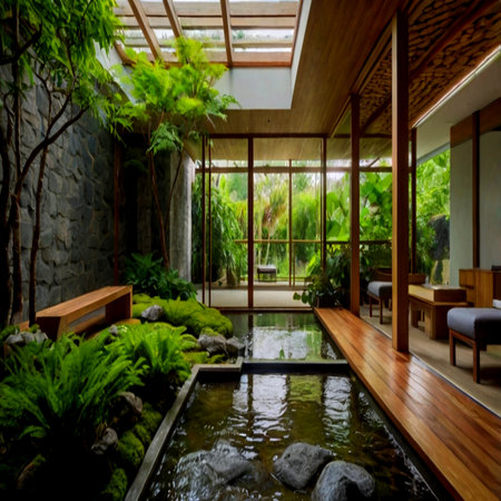 Interior of a villa with swimming pool and garden in Thailandの写真素材