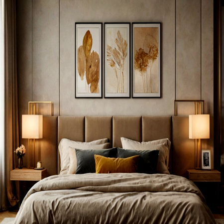 Luxury bedroom interior design with brown linen bed, pillows and wooden bedside tableの写真素材