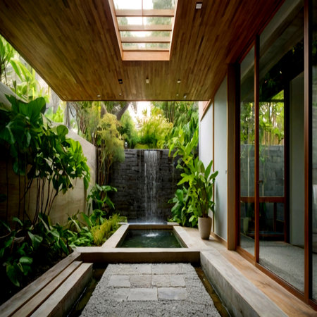 Interior of modern villa in tropical garden with swimming pool.の写真素材