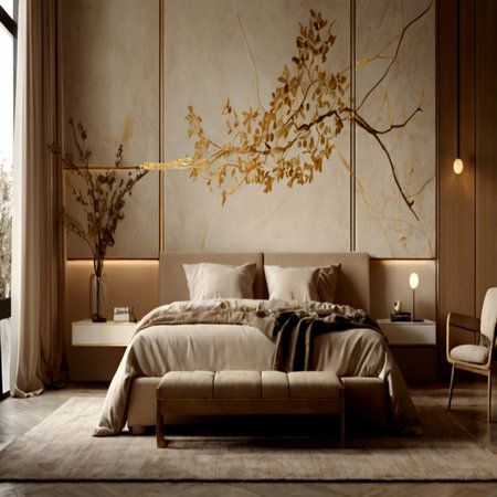 Modern bedroom interior with beige walls, wooden floor, beige master bed with brown pillows and bedside tables. 3d renderの写真素材