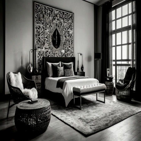 Luxury bedroom interior with a black and white image of a classic bed.の写真素材
