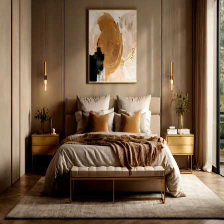 Luxury bedroom interior design with wooden bed, gold lamp and elegant accessoriesの写真素材