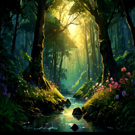 Beautiful fantasy landscape with river, trees and flowers in the forestの写真素材
