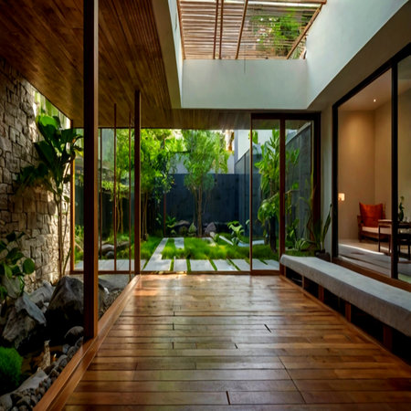 Interior of a modern villa with garden and terrace.の写真素材