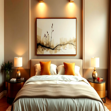 Interior of a modern bedroom with a bed and a poster on the wallの写真素材