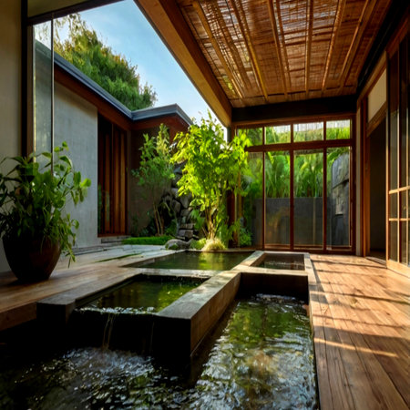 Interior view of modern villa with swimming pool and garden.の写真素材