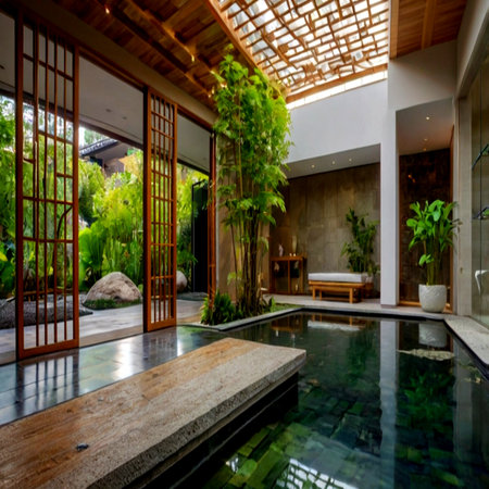 Interior of a villa with swimming pool and green plants.の写真素材