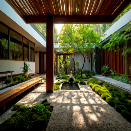 Outdoor garden with green plants and wooden floor. Selective focus.の写真素材
