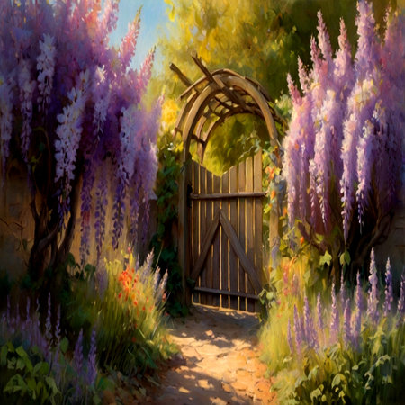 Painting of a gate and wisteria blooming in the gardenの写真素材