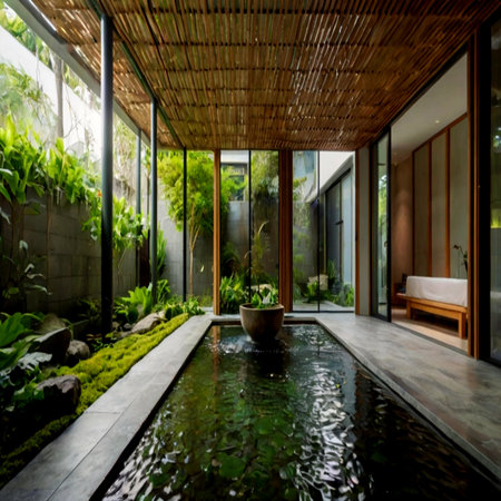 Luxury villa with swimming pool in tropical garden, Thailand.の写真素材