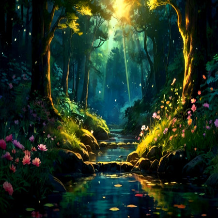 Colorful painting of a path in a fantasy forest. Digital painting.の写真素材
