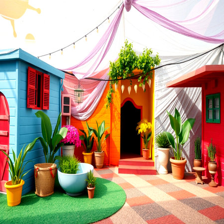 Colorful mexican house with flower pots in the garden.の写真素材