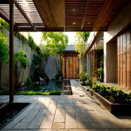 Outdoor view of a pool in a luxury villa.の写真素材