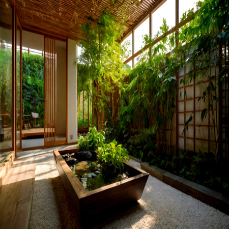 Interior of a Japanese house with green plantsの写真素材