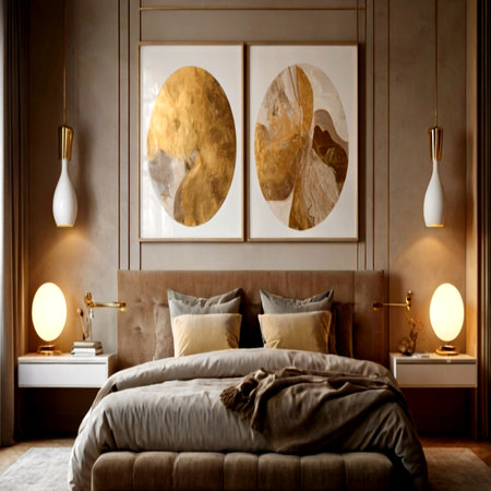 Luxury bedroom interior with beige walls, wooden floor, brown king size bed with gray pillows and round mirror. 3d renderの写真素材