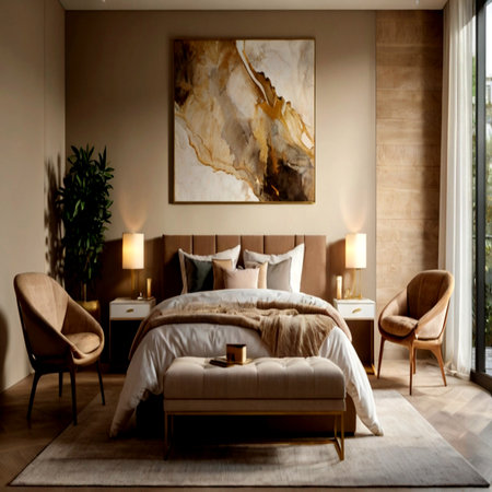 Luxury bedroom interior with beige bed and two armchairsの写真素材