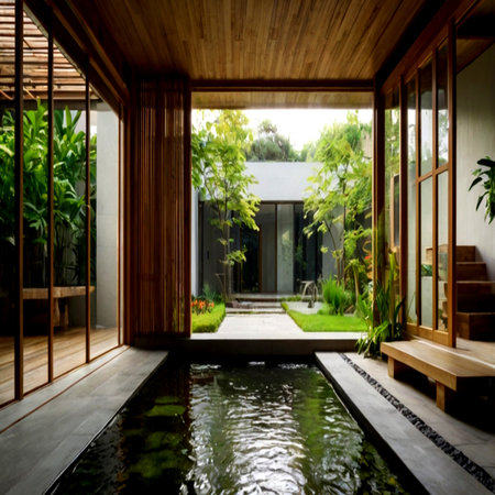 Interior of a modern villa with swimming pool and garden viewの写真素材