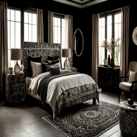 Luxury bedroom with black walls and a large window. 3d rendering.の写真素材