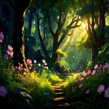 Mysterious forest with flowers. Digital painting. Illustration.の写真素材