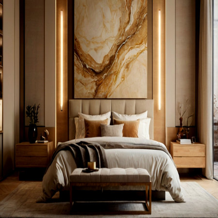 Luxury bedroom interior design with beige and golden marble. 3d renderingの写真素材