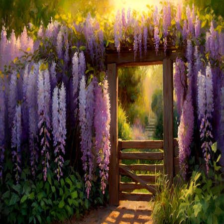 Wisteria flowers in the garden. Spring landscape. Nature backgroundの写真素材