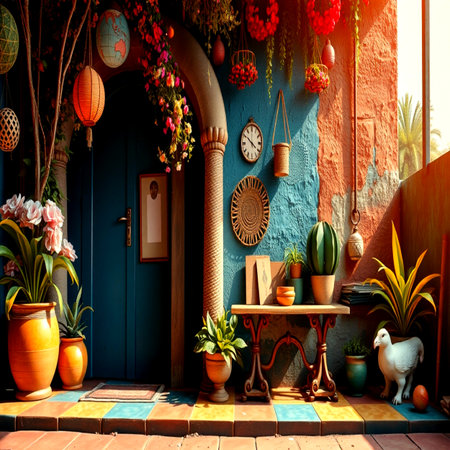 Interior of a house decorated with flowers and plants. Toned.の写真素材