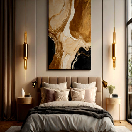Luxury bedroom interior with bed and golden lamp, 3d renderの写真素材