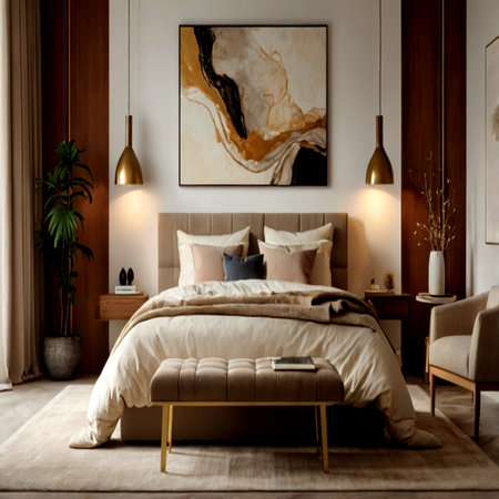 Luxury bedroom interior with pillows and golden bedside tableの写真素材
