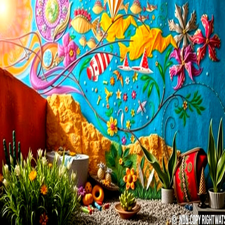 Gardening tools on the background of a colorful wall with flowersの写真素材