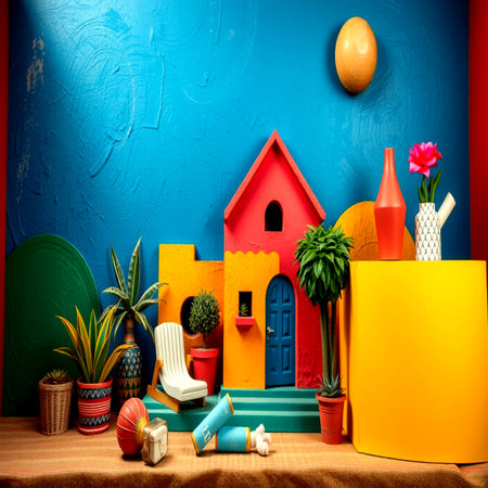 House made of plasticine, pottery, cactus and other house objectsの写真素材