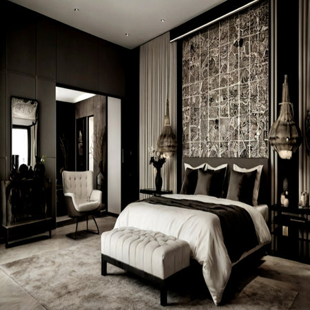 Luxury bedroom interior design in black and white. 3d renderの写真素材